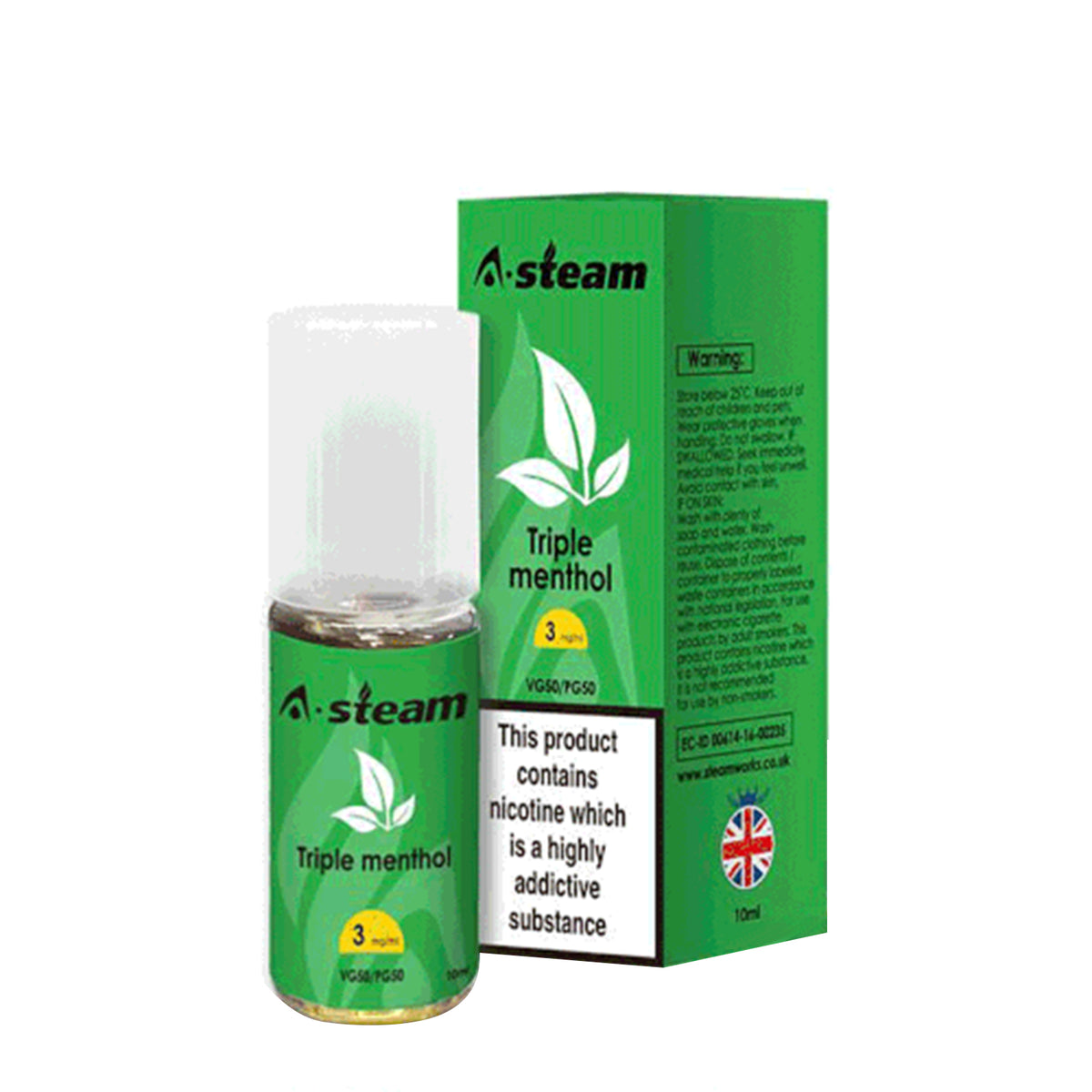 A STEAM E LIQUID 10 x 10ml 50/50 VGPG TRIPLE METHOL 3mg, 6mg 12mg, 18mg