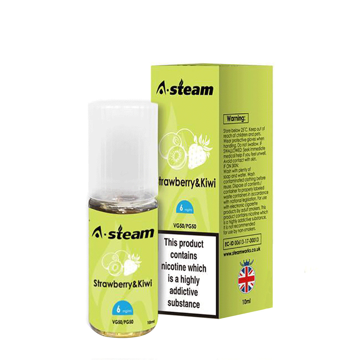 A STEAM E LIQUID 10 x 10ml 50/50 VGPG STRAWBERRY & KIWI 3mg, 6mg 12mg, 18mg