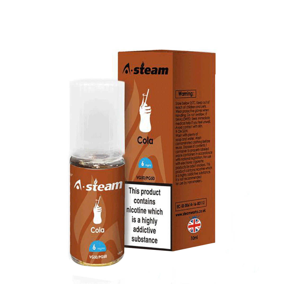 A STEAM E LIQUID 10 x 10ml 50/50 VGPG COLA 3mg, 6mg 12mg, 18mg