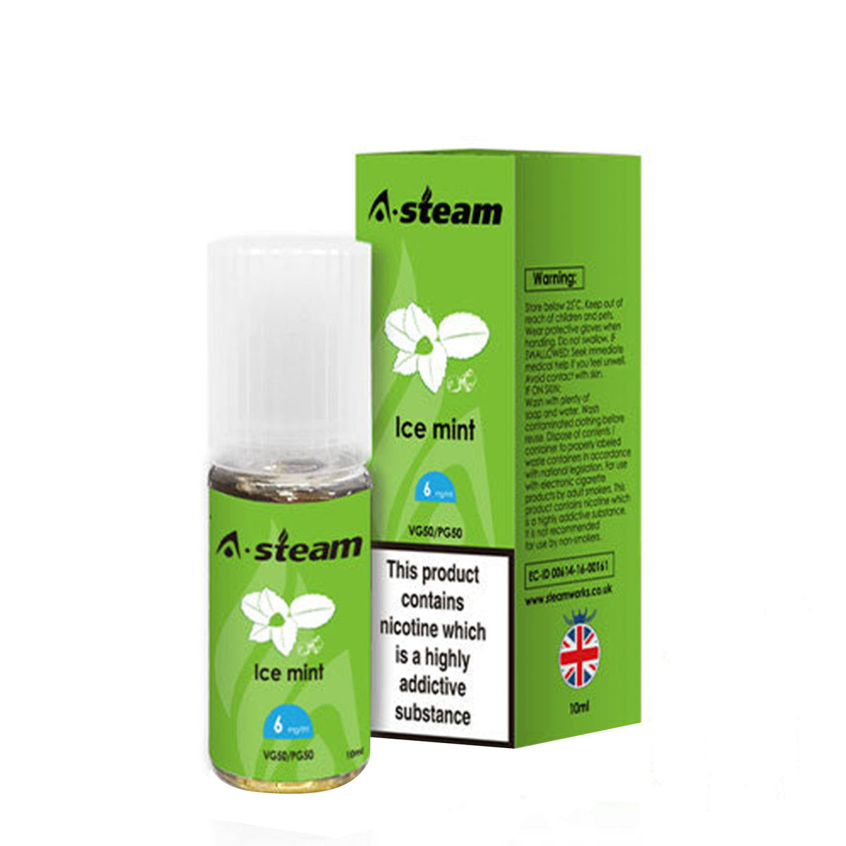 A STEAM E LIQUID 10 x 10ml 50/50 VGPG ICE MINT 3mg, 6mg 12mg, 18mg