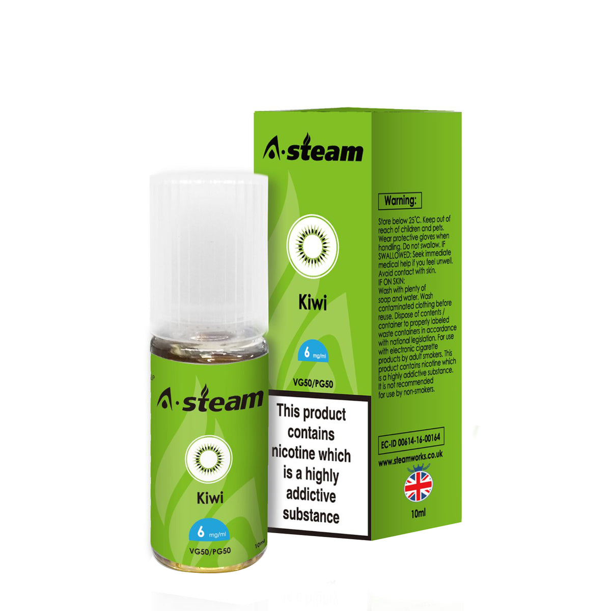 A STEAM E LIQUID 10 x 10ml 50/50 VGPG KIWI 3mg, 6mg 12mg, 18mg