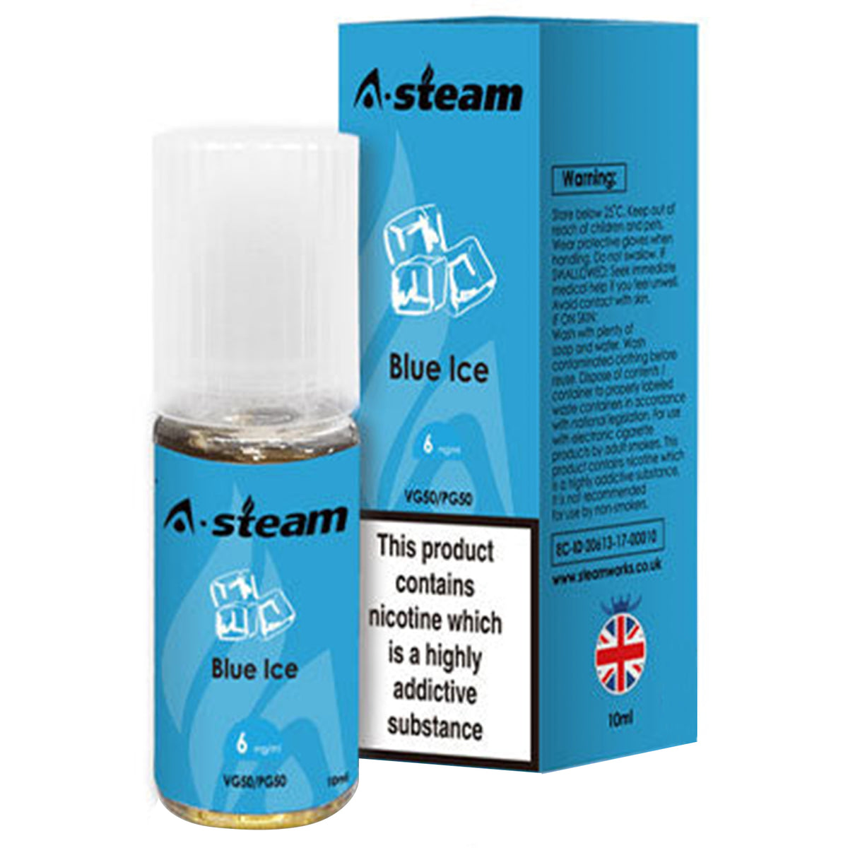 A STEAM E LIQUID BLUE ICE 10 x 10ml 50/50 VGPG 3mg, 6mg 12mg, 18mg