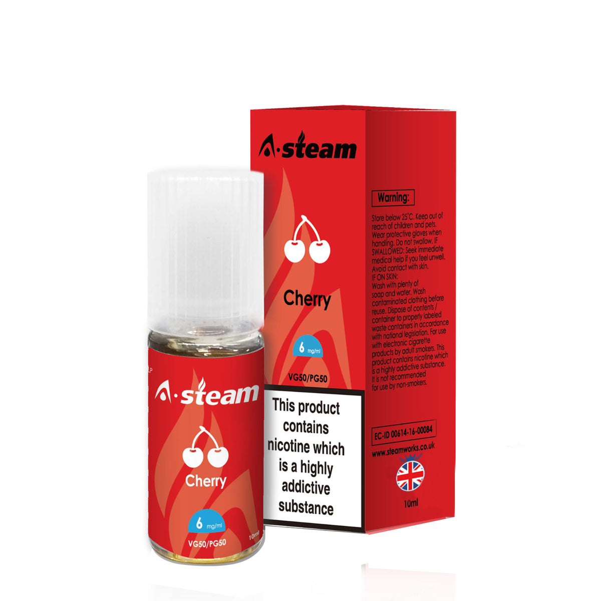 A STEAM E LIQUID 10 x 10ml 50/50 VGPG CHERRY 3mg, 6mg 12mg, 18mg