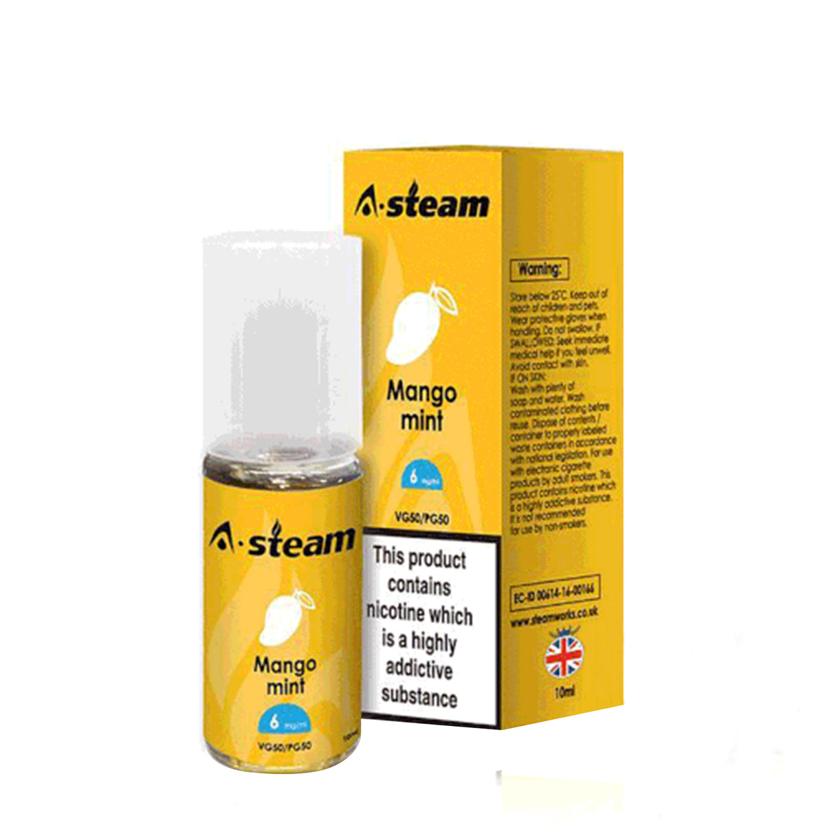 A STEAM E LIQUID 10 x 10ml 50/50 VGPG MANGO MINT 3mg, 6mg 12mg, 18mg